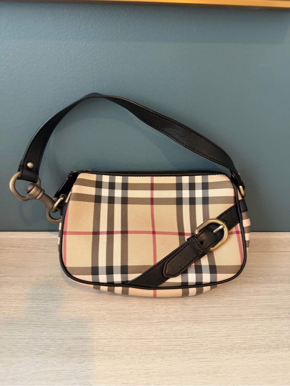 Burberry Beige Nova Check Shoulder Bag with Black Leather Trim